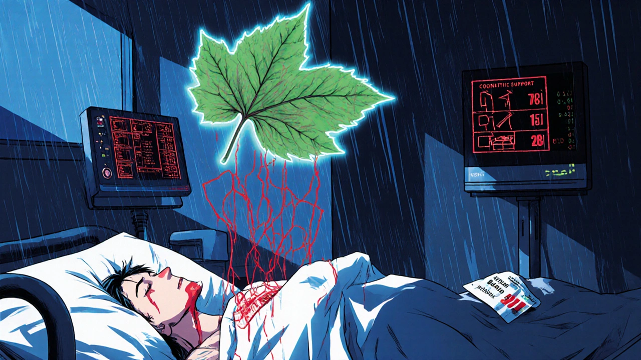 A hospitalized patient bleeds while a ginkgo leaf emits warning lines to blood thinner bottles.