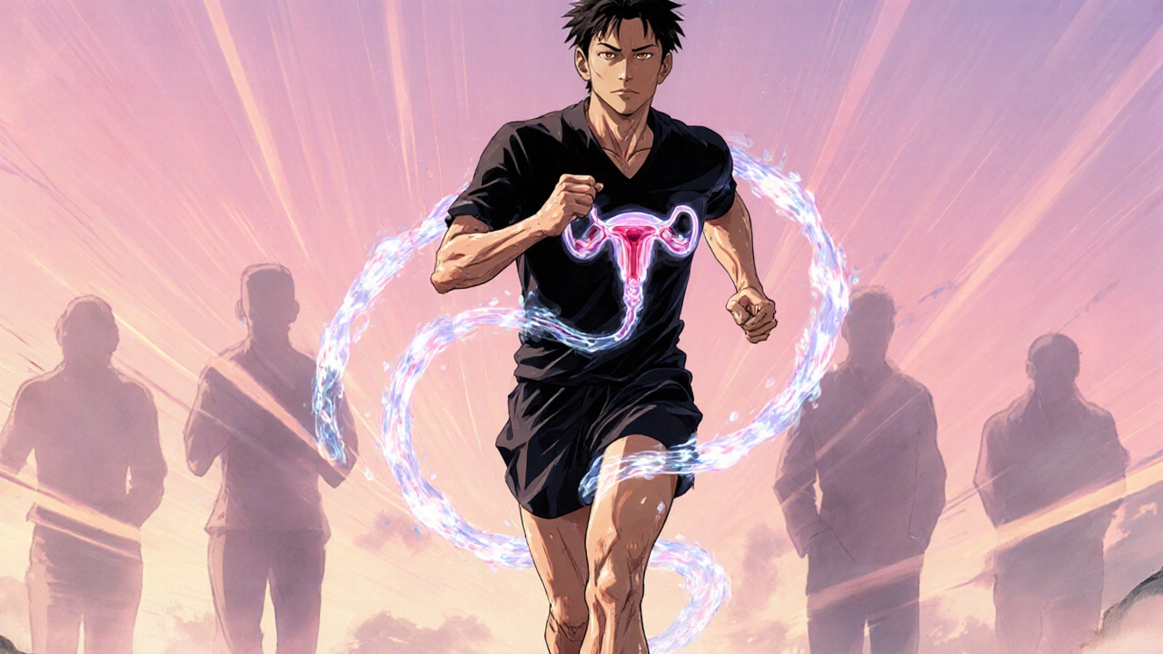 A man jogging at dawn, translucent receptor chains unraveling to show effortless urine flow, fears fading behind him.