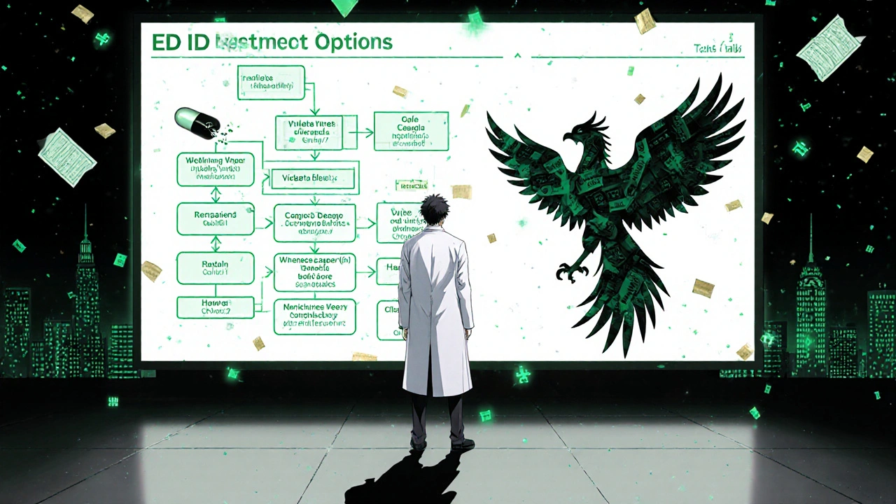 A man kneels before a doctor as his shadow transforms from a broken pill into a phoenix of prescription labels.