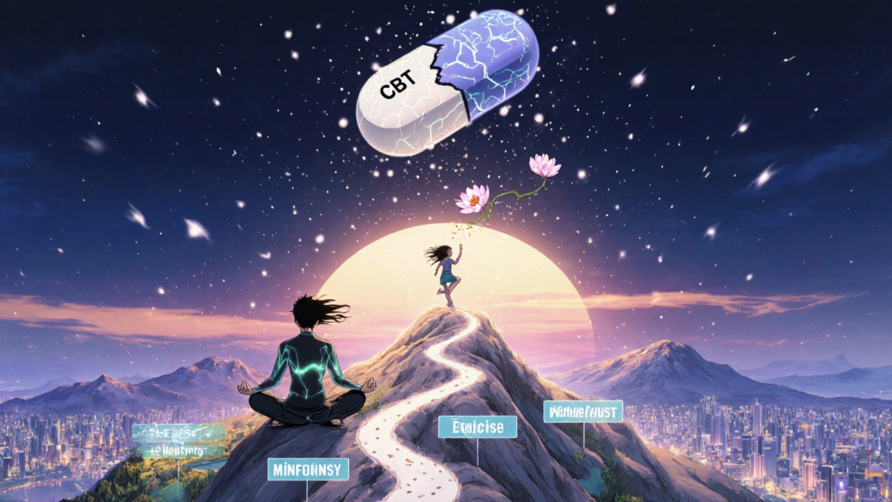 A meditating person with a glowing brain, surrounded by paths representing non-medication therapies.