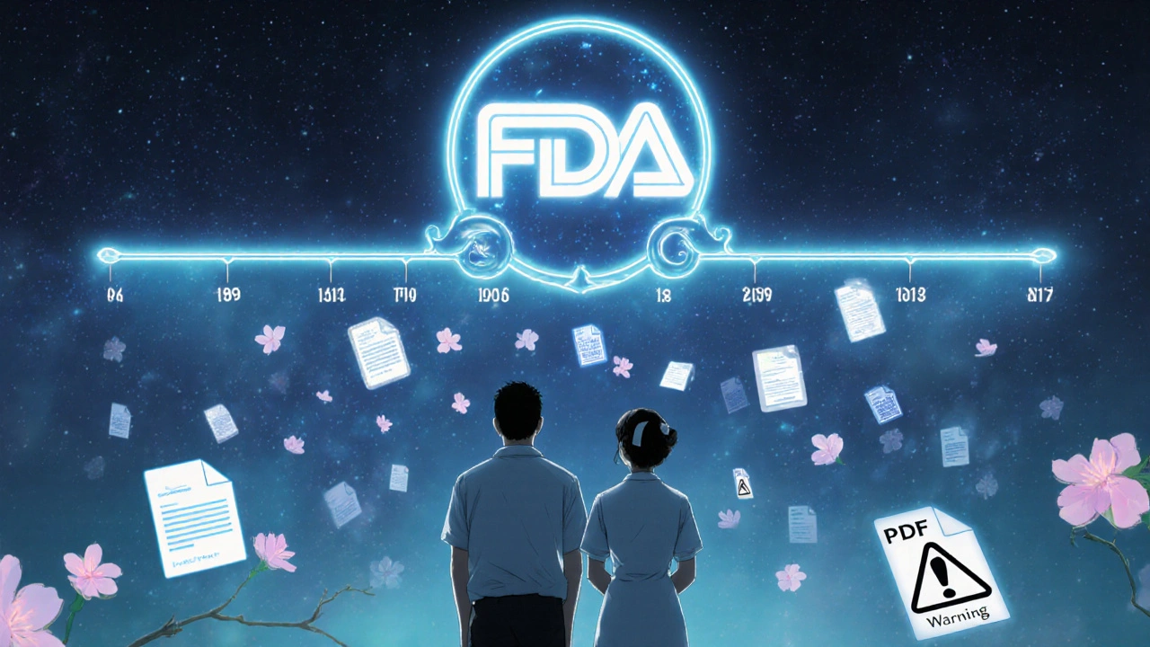 A patient and nurse beneath an FDA emblem, watching a holographic timeline of drug approvals like falling cherry blossoms.