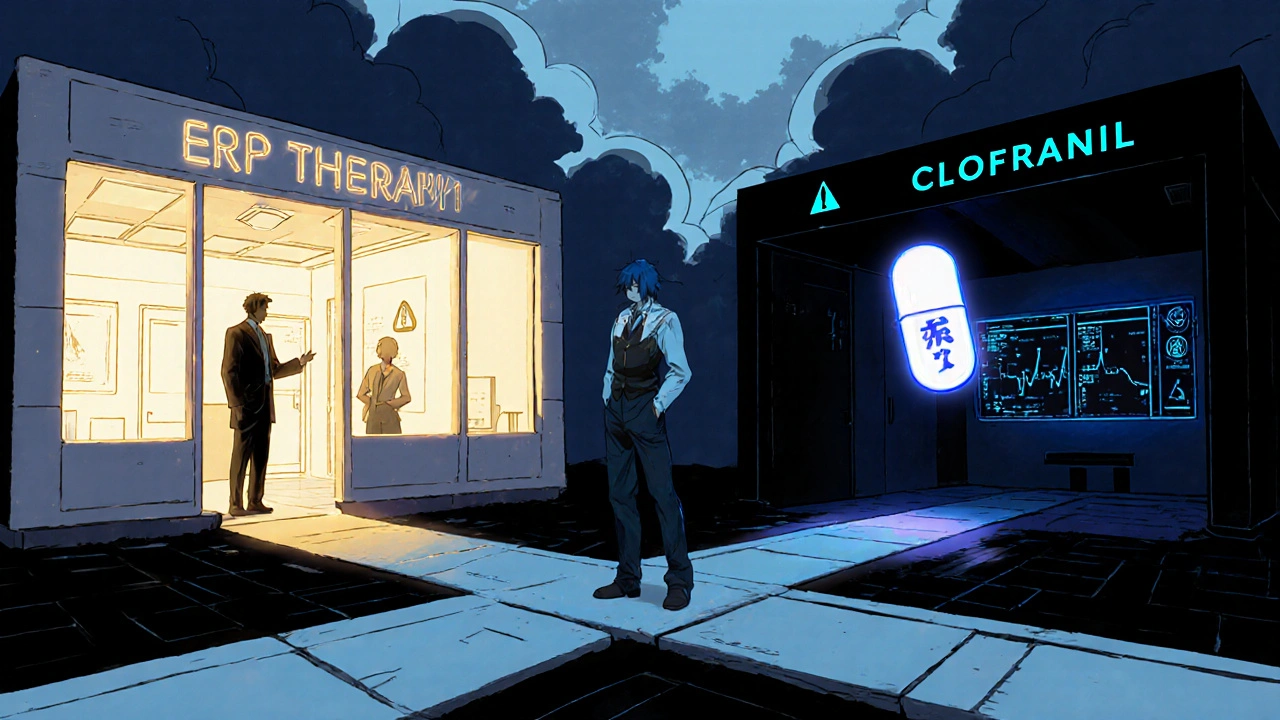 A patient at a crossroads between ERP therapy and Clofranil in a surreal mental landscape.