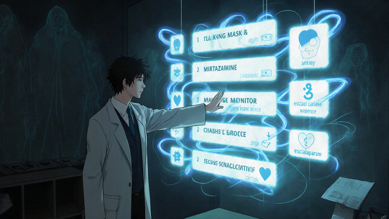 A patient in a consultation room looking at a floating comparison table of antidepressants.