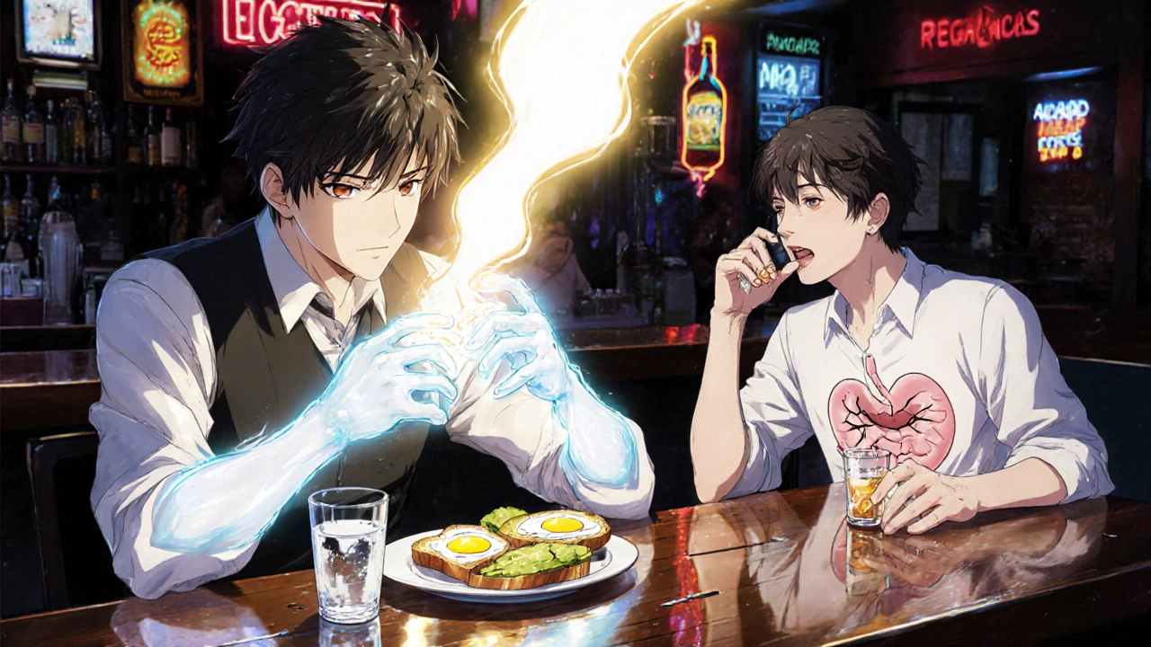 A person drinking responsibly beside food, with a protective ghostly barrier shielding their stomach from alcohol.