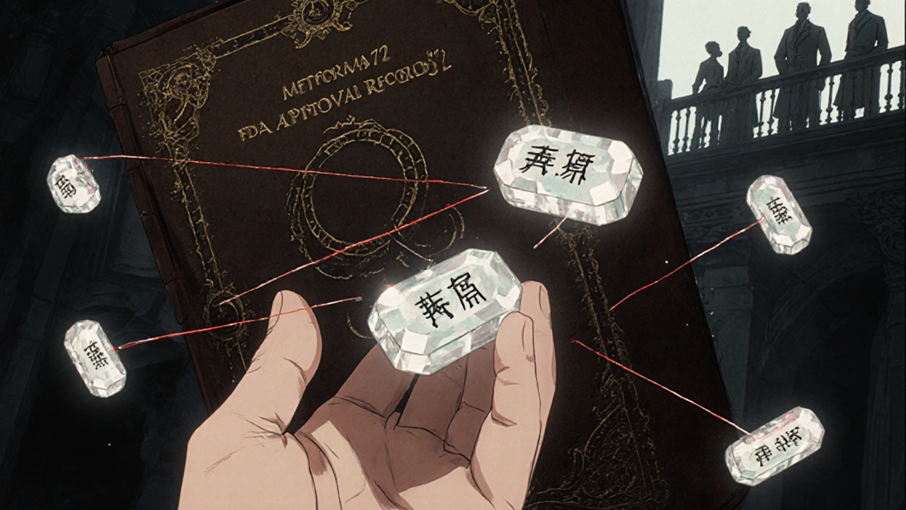A pharmacist&#039;s hand reaching for a crystalline metformin tablet surrounded by FDA application numbers in glowing glyphs.