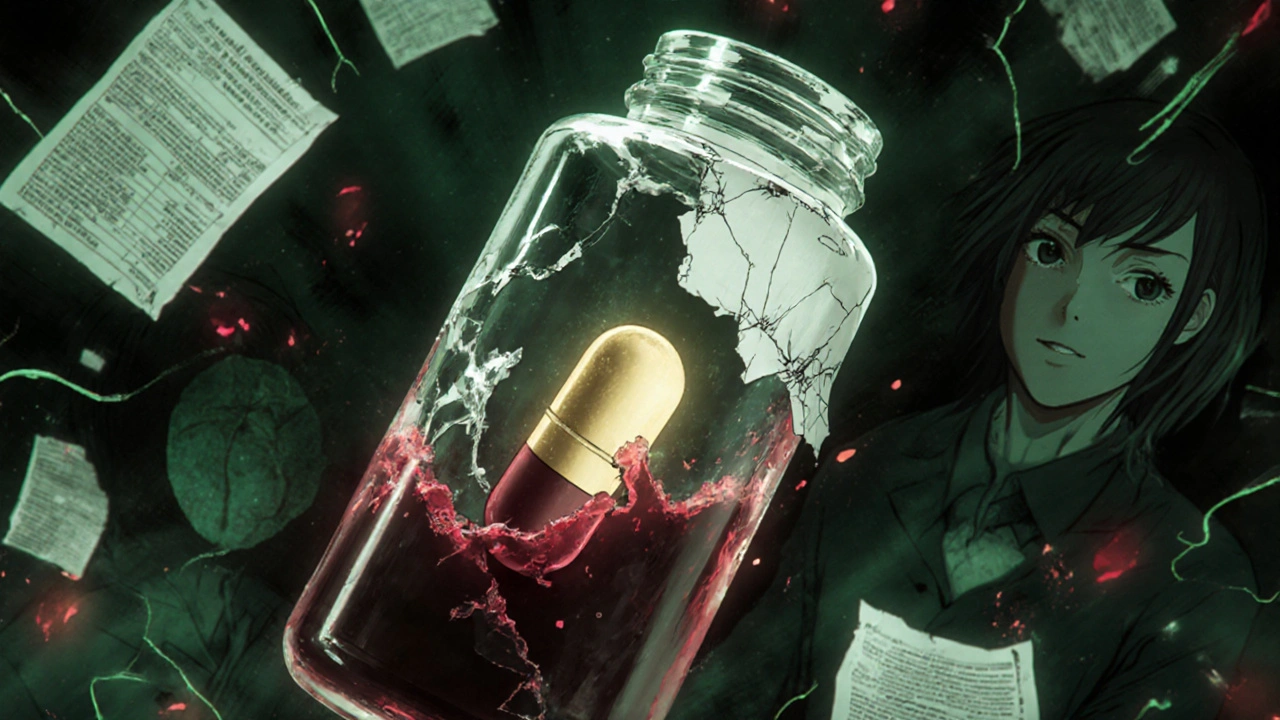 A pill dissolving unevenly in a bloodstream, half glowing, half inert.