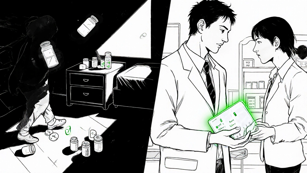 A senior experiencing medication side effects on one side, and feeling energized after a pharmacist&#039;s review on the other.