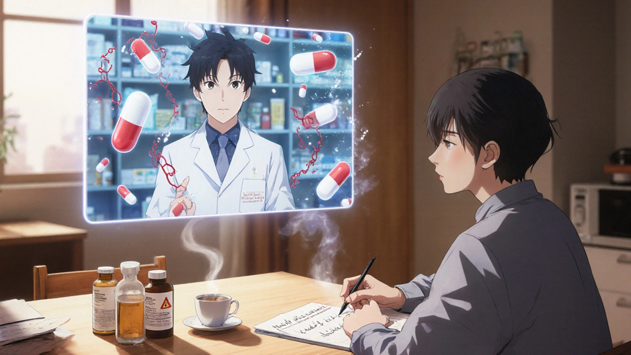 A telehealth medication review at home, with spinning holographic drug models and a patient holding pill bottles.