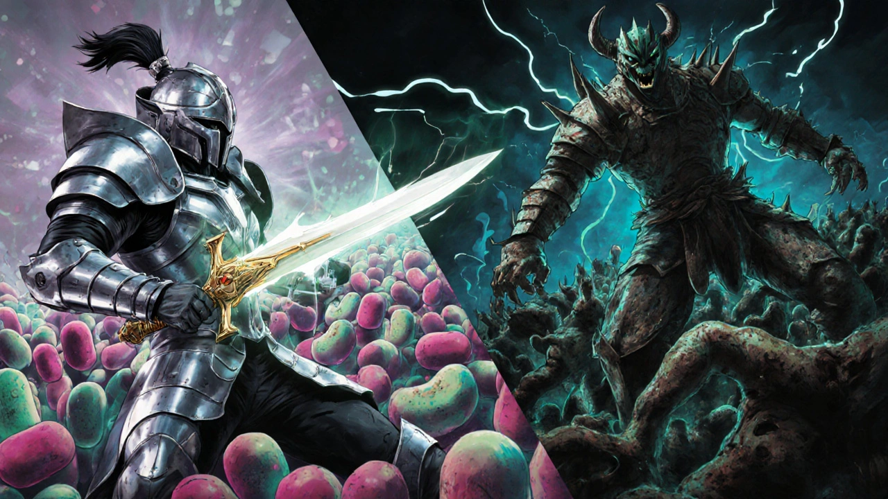 A warrior with a glowing blade fighting bacteria in a stylized medical battlefield.