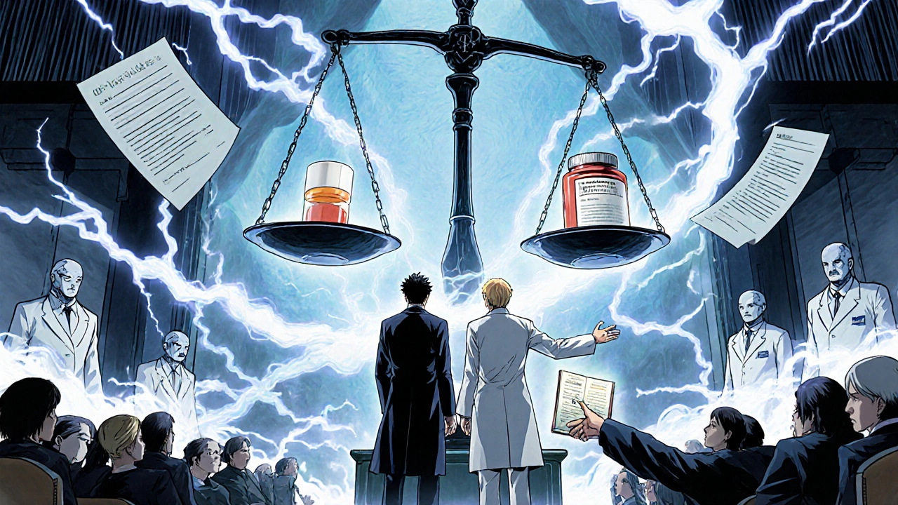 Appeal hearing with medical scale and AI avatars in a floating bureaucratic fortress.