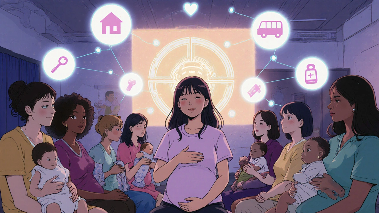 Diverse group of pregnant women surrounded by symbols of housing, therapy, and support services.
