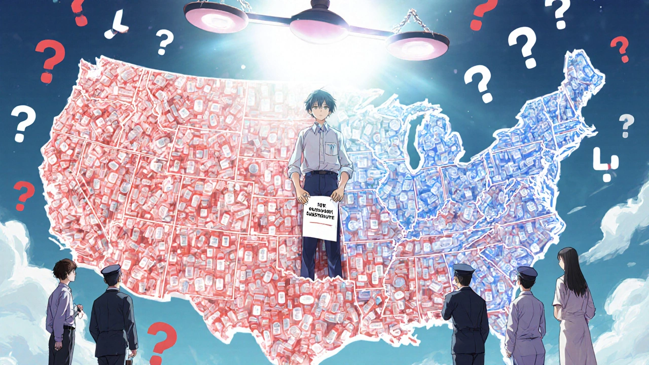 Fragmented U.S. map made of pill bottles showing state-by-state consent laws, patient at center holding &#039;Do Not Substitute&#039; note.