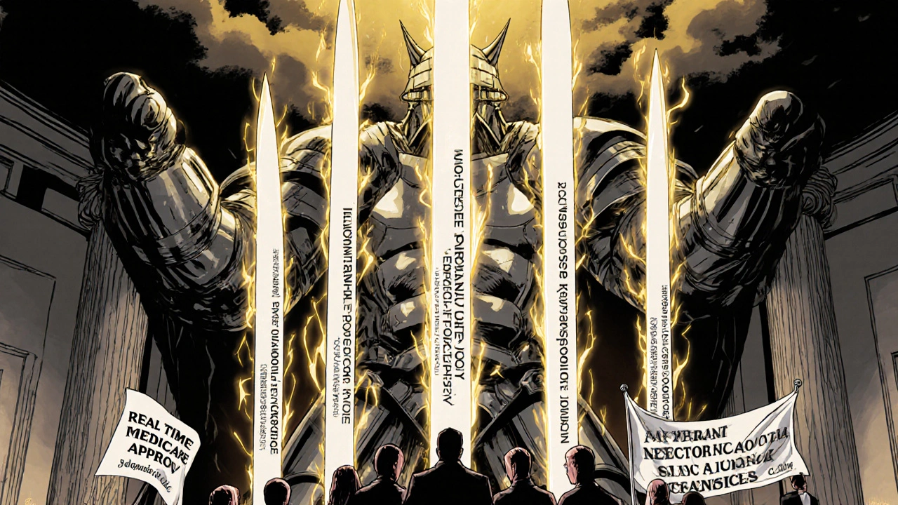 Giant insurance policy figure pierced by legal and medical swords under golden light.