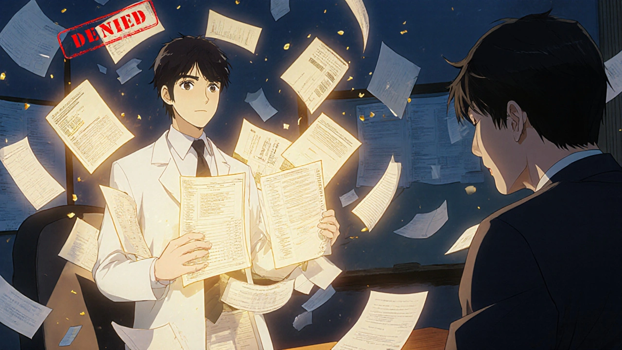 Medical appeal hearing with glowing records and a cracking &#039;DENIED&#039; stamp in an insurance office.