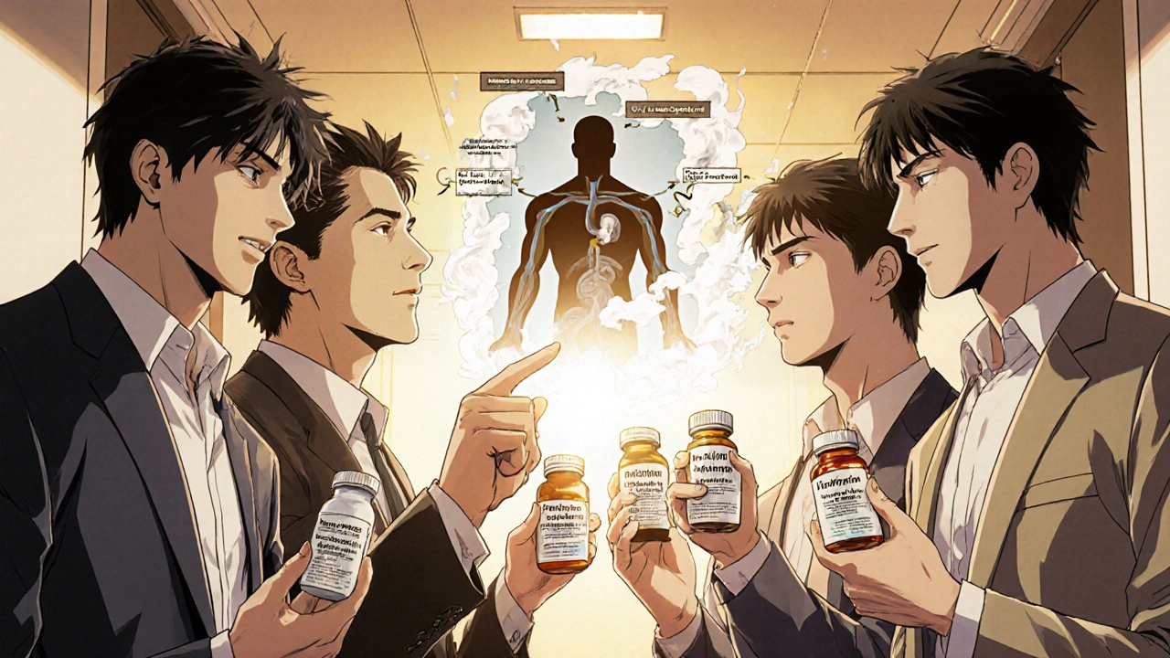 Men in a clinic hallway, alfuzosin glowing centrally as other pills dim, myths dissolving into smoke.