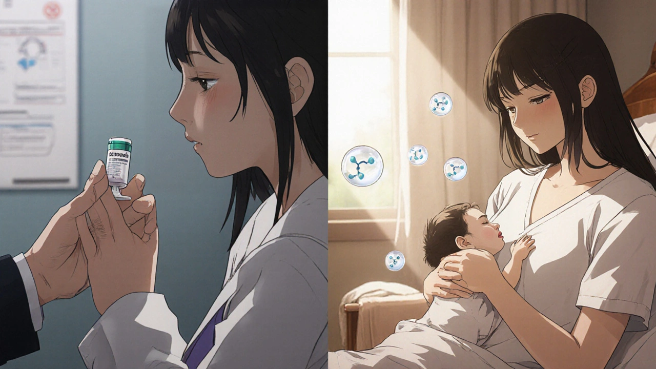 Mother receiving a weekly injection while breastfeeding her calm baby in a sunlit nursery.