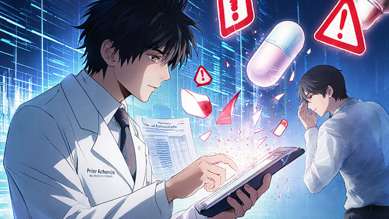 Neurologist working on ePA system as patient seizes, glowing lab values rising dangerously.