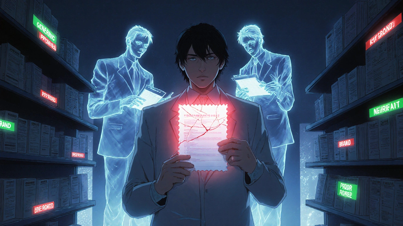 Patient facing a glowing denied prescription barrier in a pharmacy with ghostly reviewers.