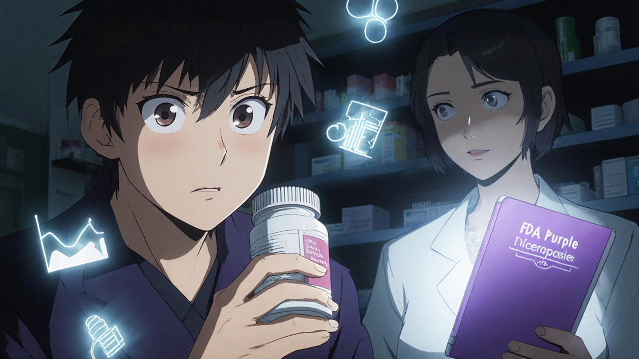 Patient holding mismatched pill bottle as medical risk icons hover around them, pharmacist checking FDA Purple Book.