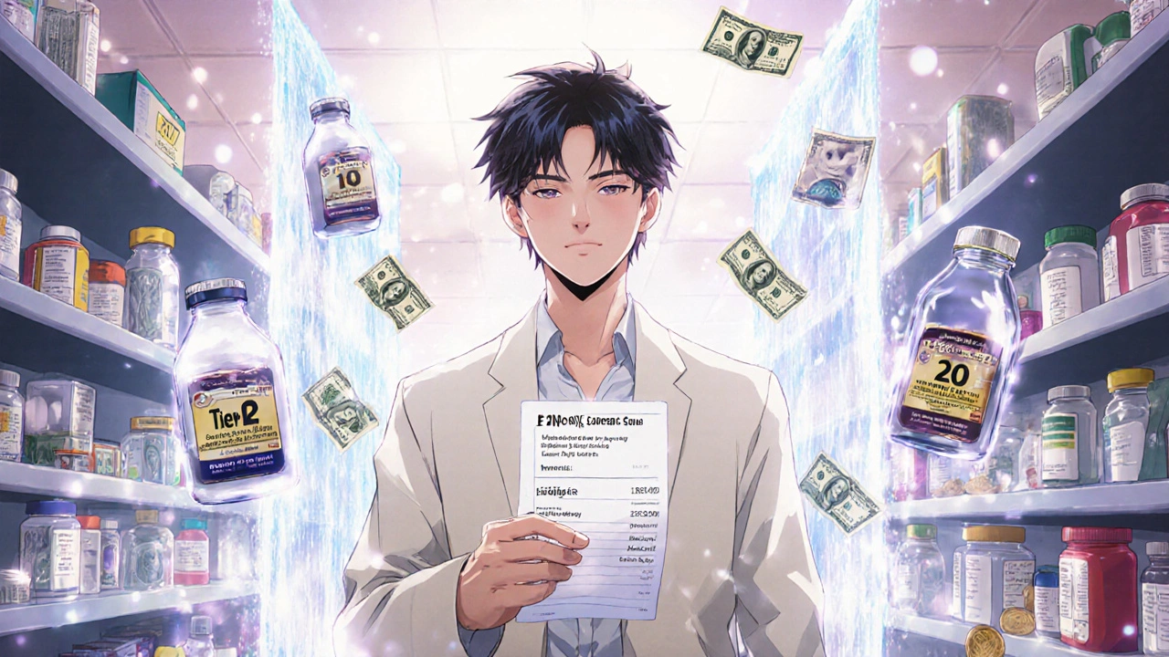 Patient receiving a lowered copay receipt surrounded by glowing medication bottles and falling dollar bills.