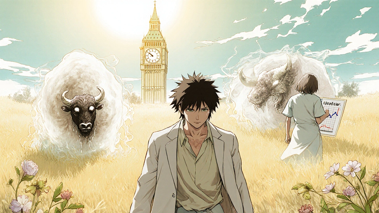 Patient walking through a sunlit field as Cushing’s symptoms fade away, ghostly cortisol monsters dissolving behind them, clock tower in distance.