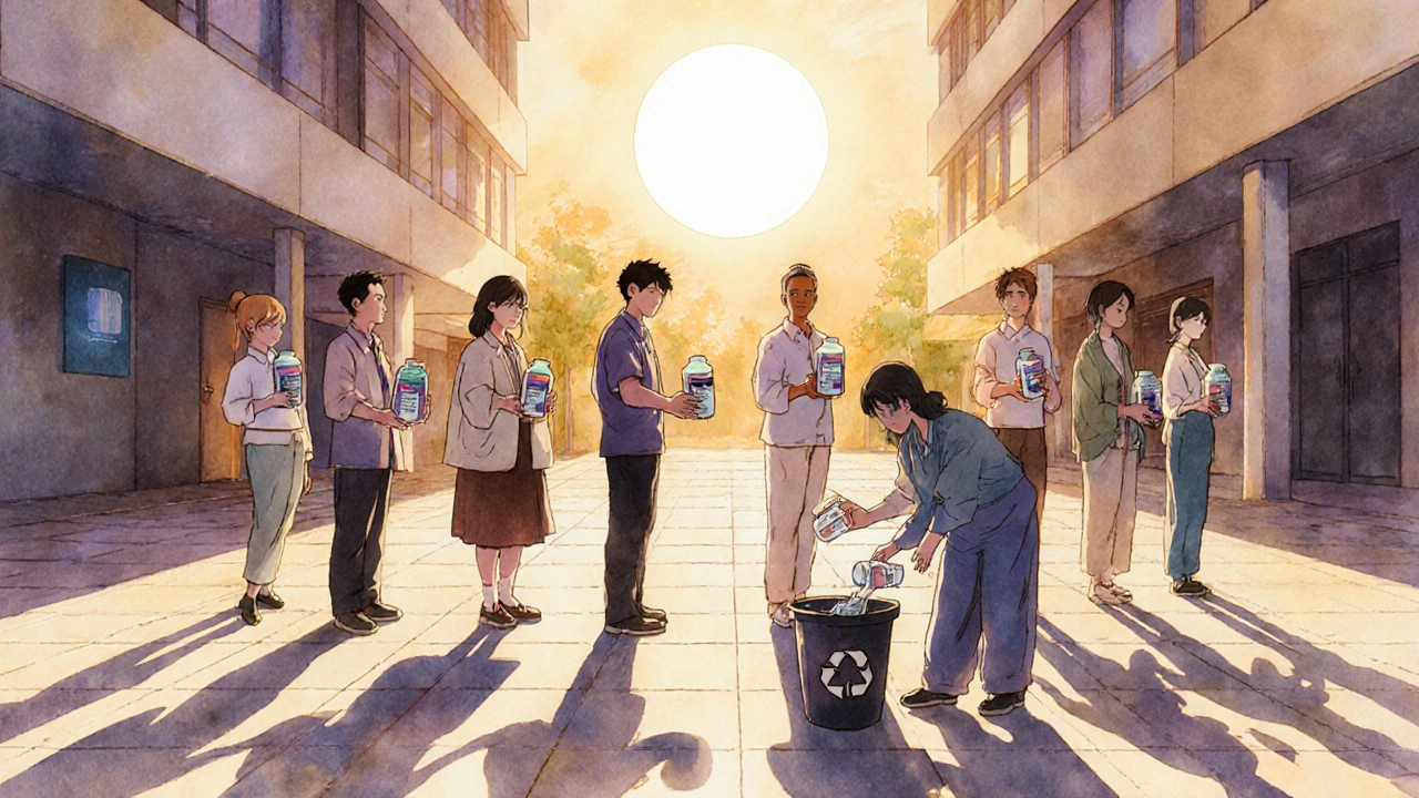 Patients stand together holding modern HIV pills, shadows forming a chain toward the sun.