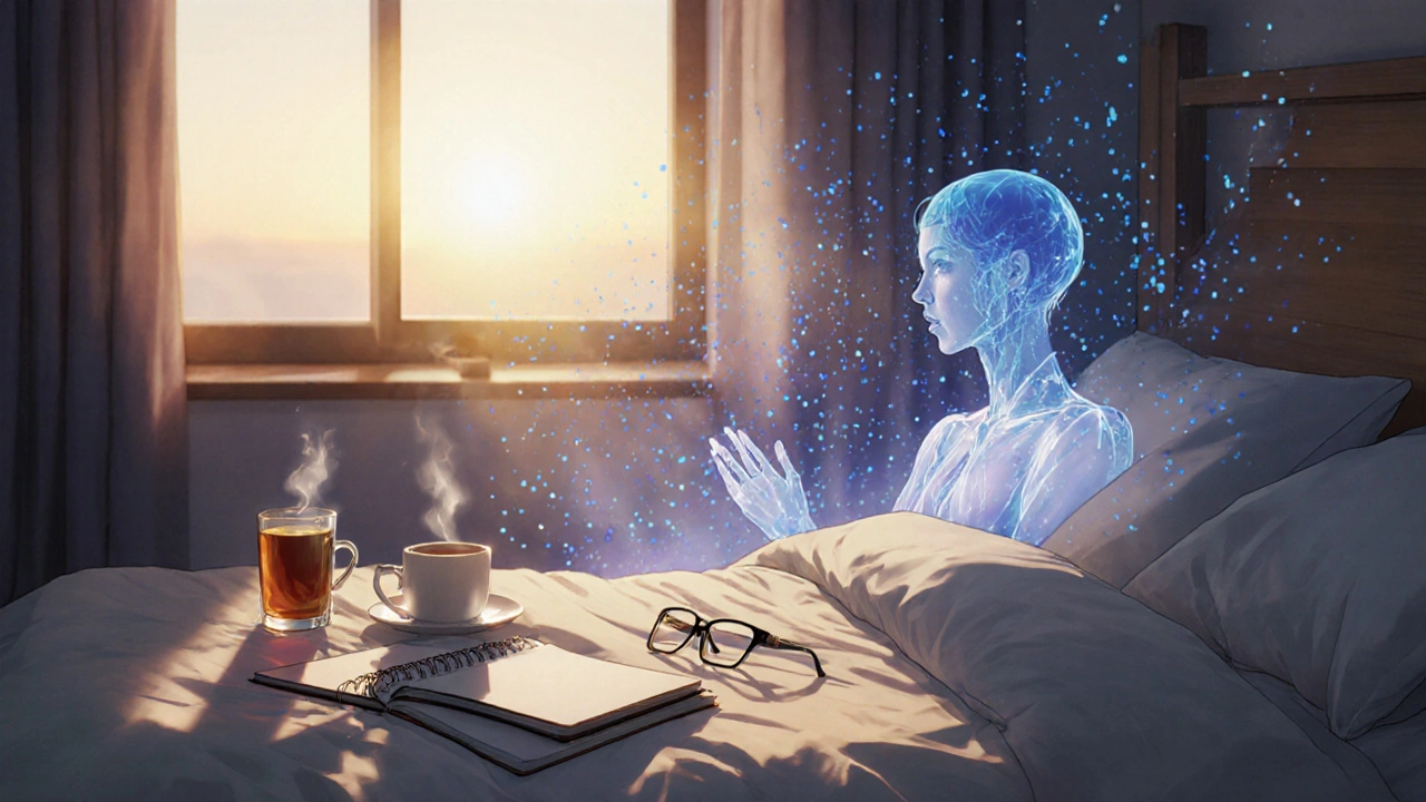 Phone on floor far from bed, journal and tea beside peaceful sleeper at dawn.