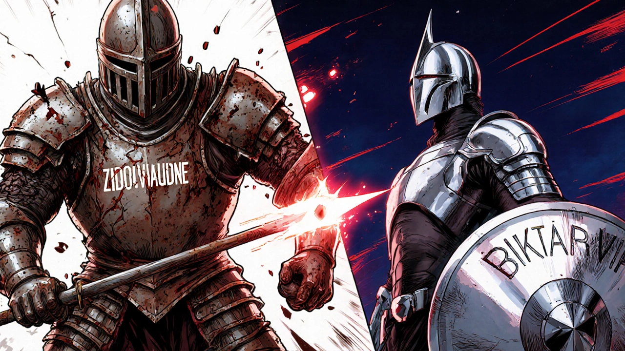 Rusted zidovudine armor crumbles against a glowing tenofovir spear in manga battle scene.
