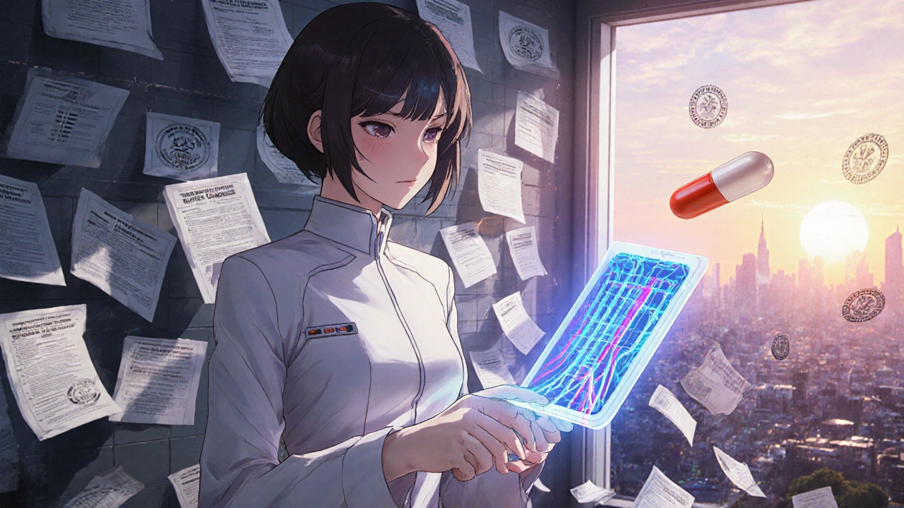 Scientist manipulating a 3D PBPK model of a transdermal patch surrounded by floating FDA guidance documents.