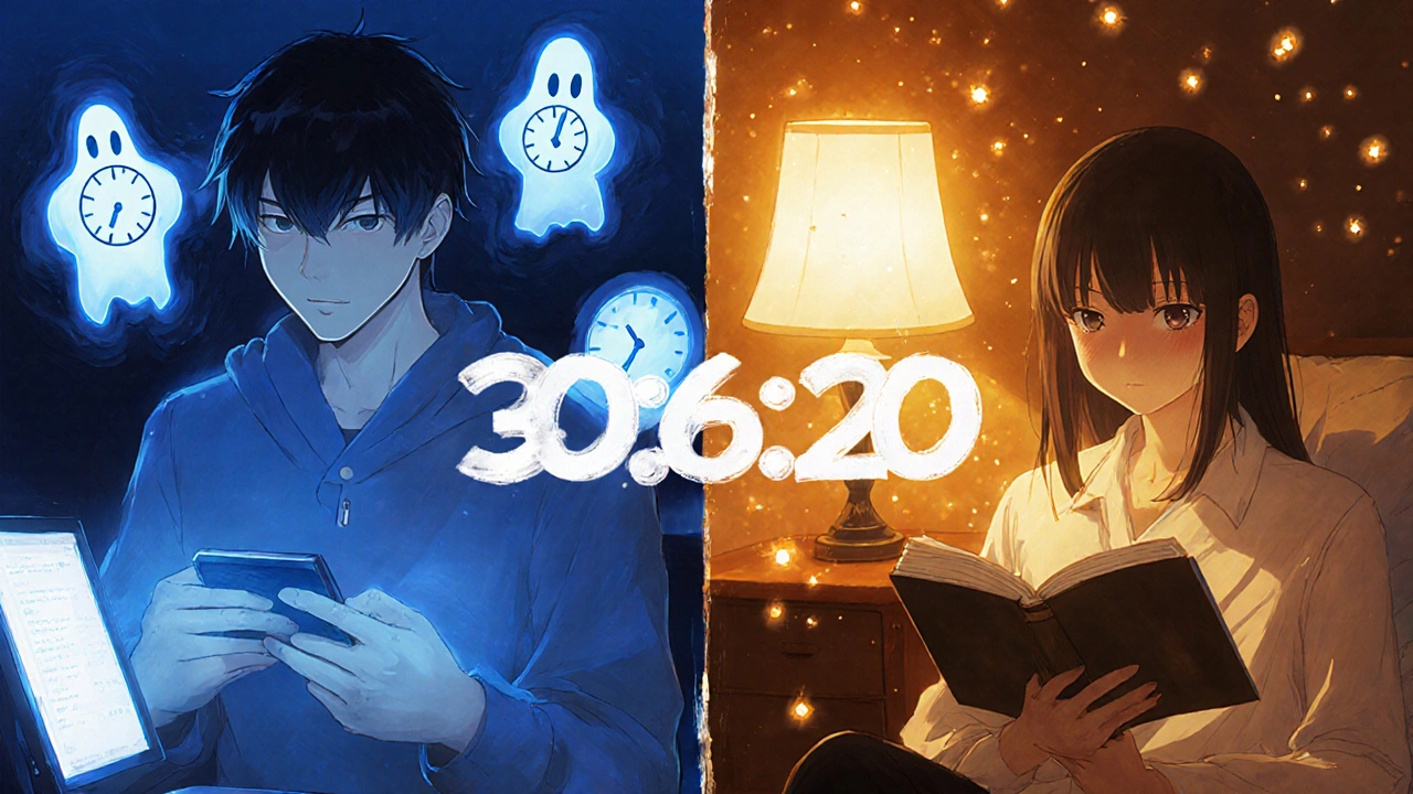 Split scene: blue-lit screen vs. warm reading light, with a 90-minute timer between.