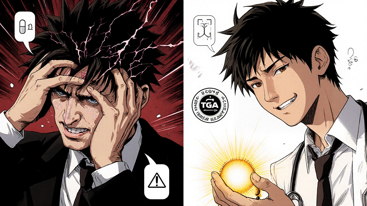 Split scene: man in agony from counterfeit pill vs. calm with legitimate Cialis under glowing medical symbols.