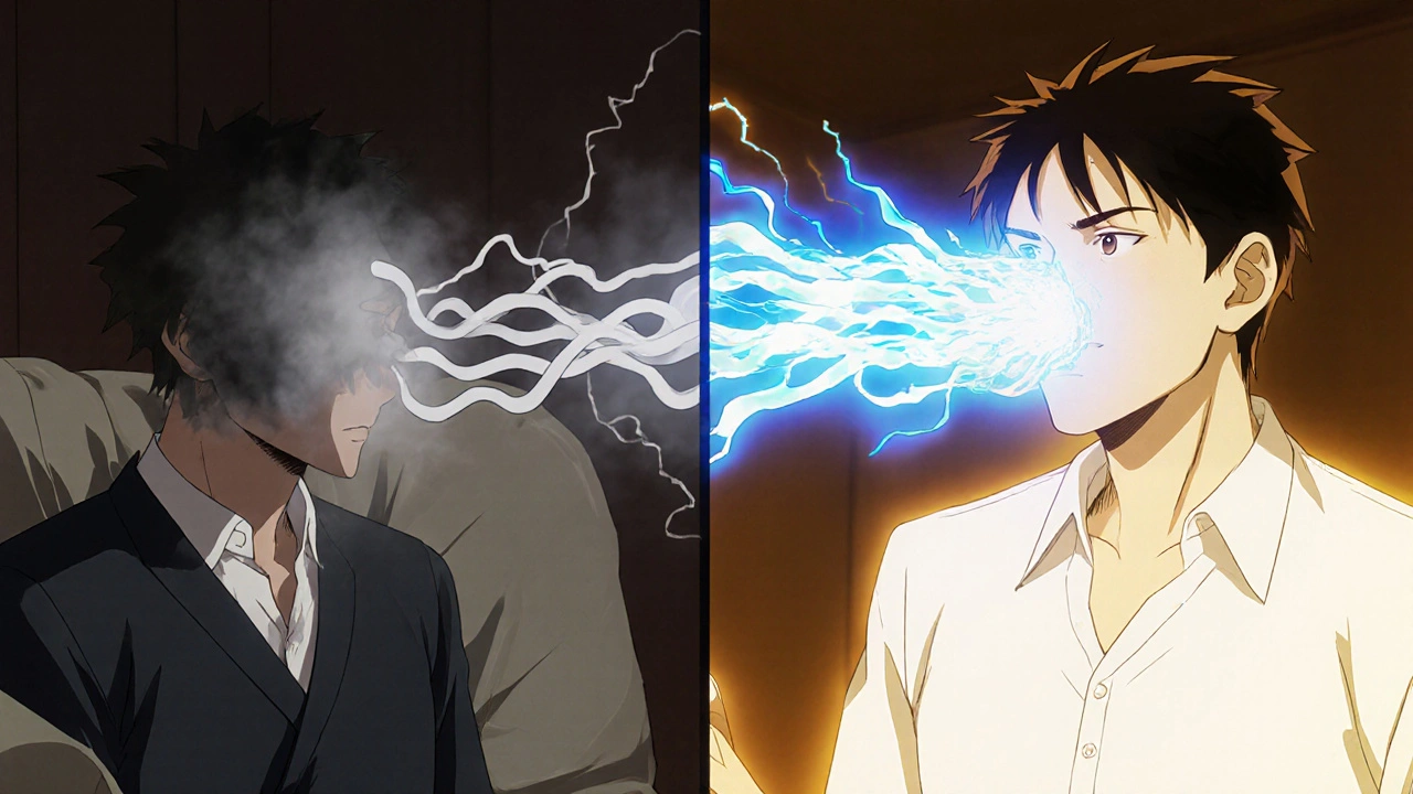 Split scene: one side shows mental fog from a lipid-soluble statin, the other shows clear cognition with a water-soluble statin.