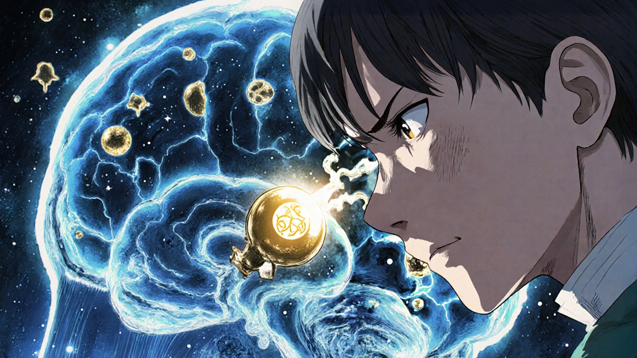 Surgeon using a glowing endoscope to remove a pulsing pituitary tumor inside a surreal, cathedral-like brain environment.