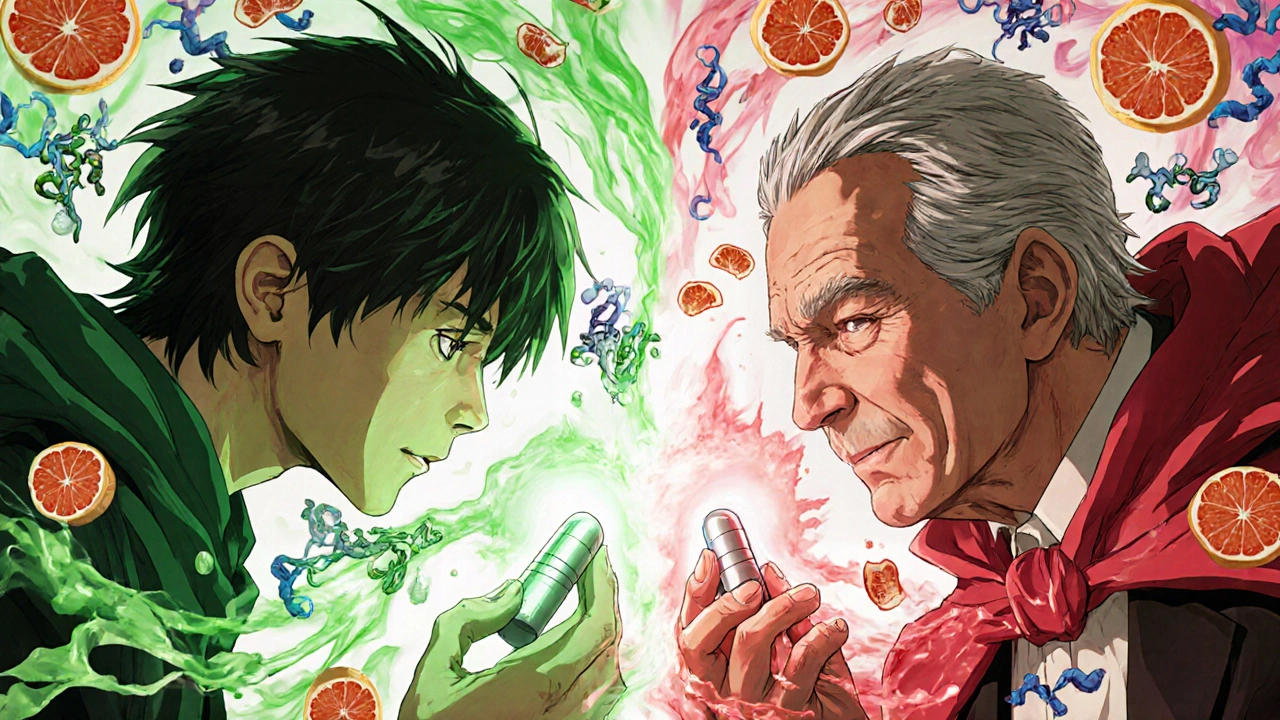 Young and elderly person confronting each other with pills emitting different colored auras representing drug metabolism differences.