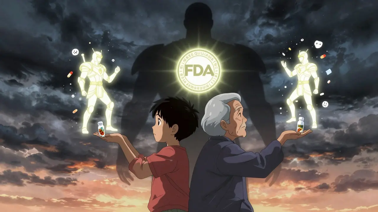 A child and senior facing opposite directions, each holding a pill that transforms into a warrior, with a glowing FDA seal between them.
