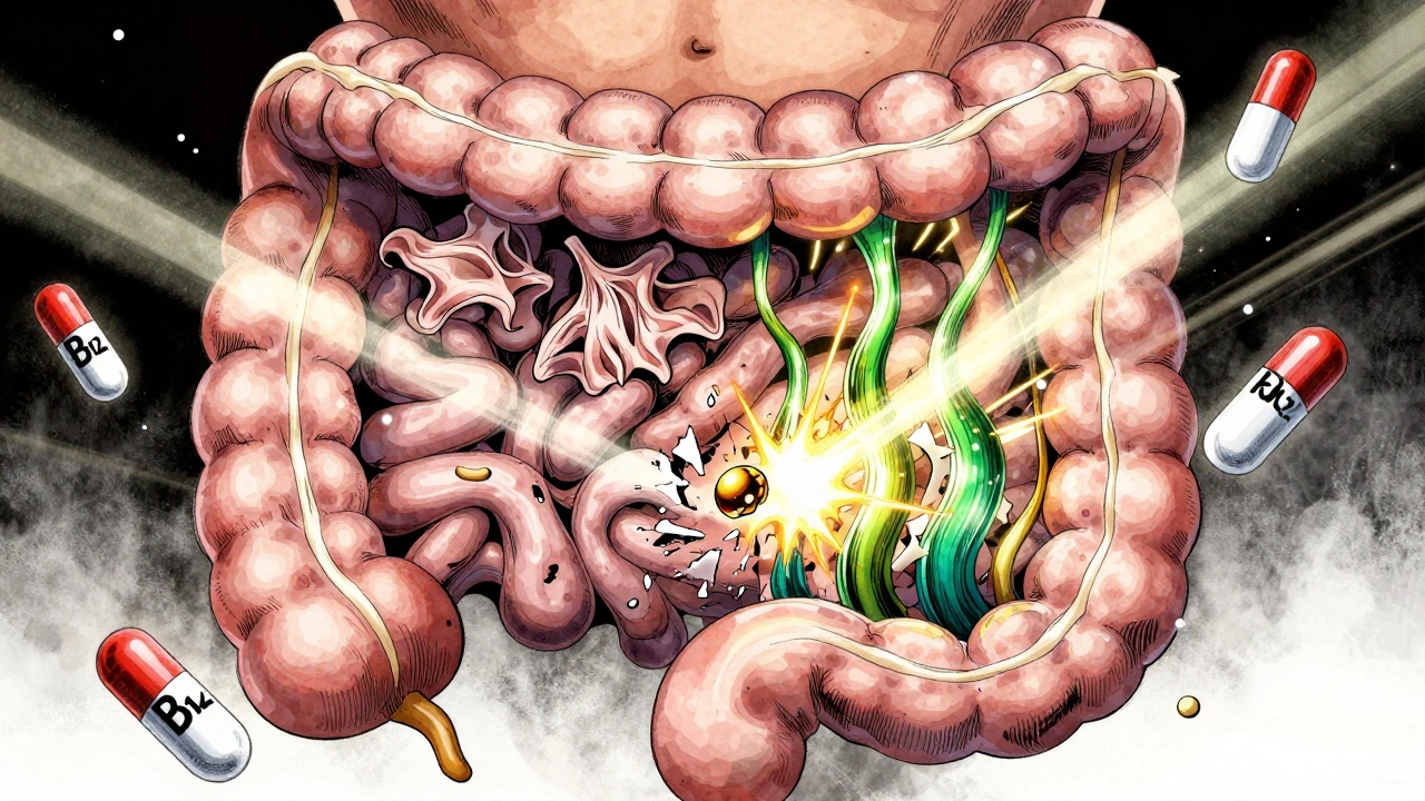 A cross-section of a healing intestine with regenerating villi and shattering gluten molecules.