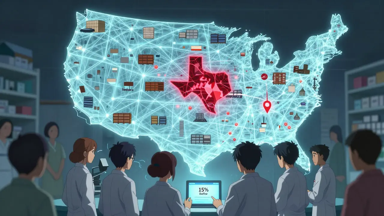 A digital supply chain network fractures in Texas, while a small team activates a life-saving inventory buffer.