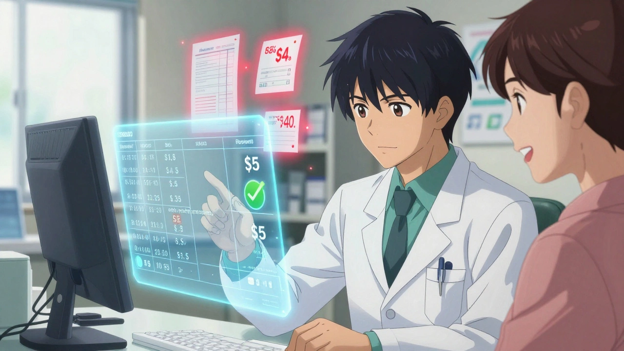 A doctor and patient reviewing real-time drug prices on a holographic screen in a clinic.