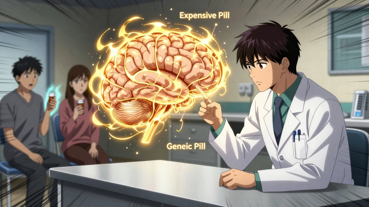 A doctor points to a brain diagram showing neural pathways lighting up differently for expensive versus generic pills, patients in background with emotional auras.