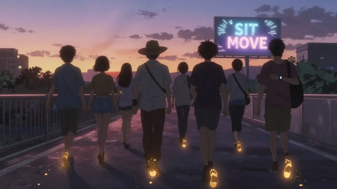 A group walking at dusk, golden footprints fading into light as they move toward a healthier future.