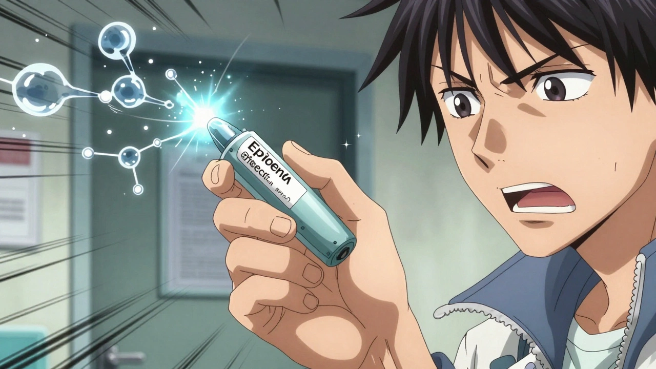 A hand using an expired EpiPen during an allergic reaction, with energy sparks and chemical formulas swirling around it.