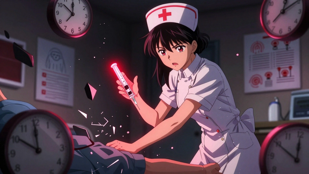 A nurse frozen mid-interruption with a hovering insulin syringe as clock hands shatter around her.