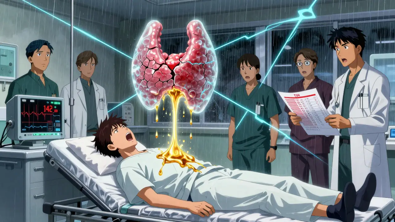 A patient in an ER with a racing heart monitor, a cracking thyroid hovering above, doctors stunned in the background.