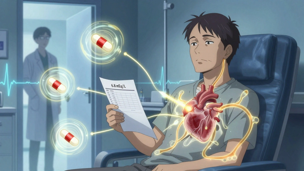 A patient with golden potassium energy being neutralized by glowing binders, while an ECG pattern pulses in the air.