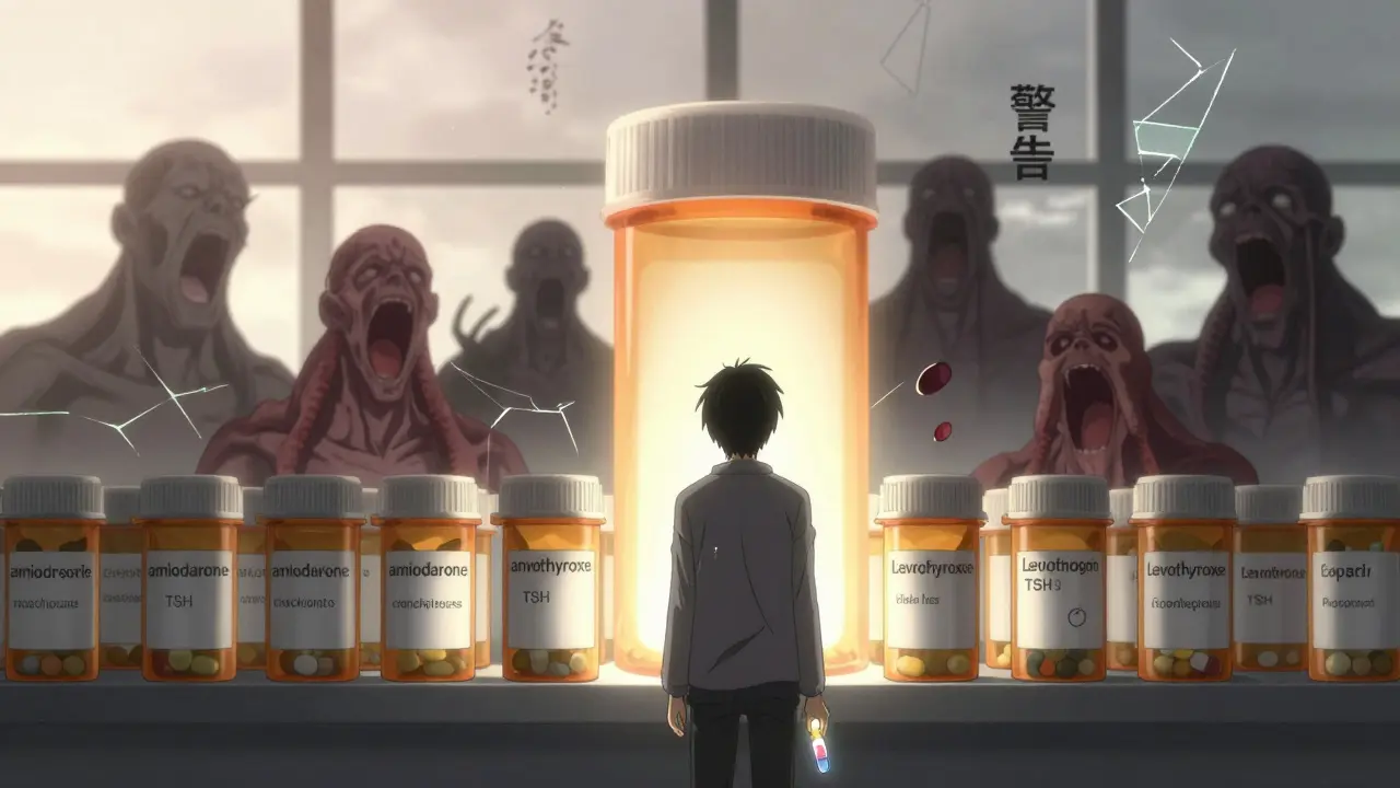 A person facing glowing drug bottles as shadowy thyroid figures emerge, holding one pill under dawn light.