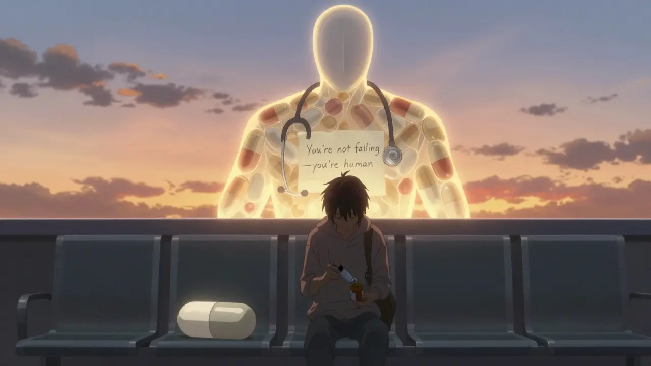 A person sits on a hospital bench at dusk, a glowing guardian figure behind them made of pills and a note saying 'You're not failing—you're human.'