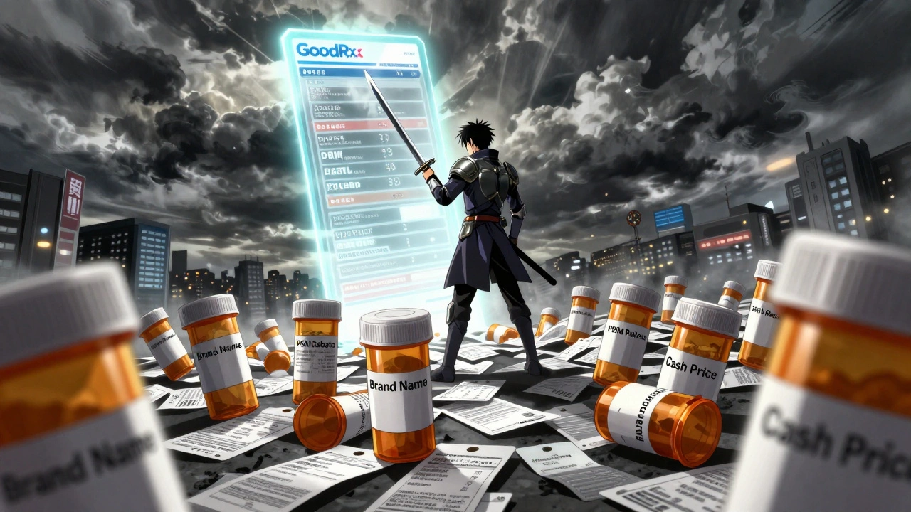 A person wielding a coupon like a sword against hidden rebate systems in a symbolic battle.