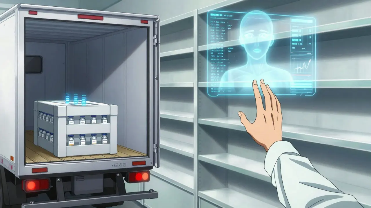 A shipping truck’s temperature alert flashes as a patient reaches for an empty pharmacy shelf, AI forecasts glowing above.