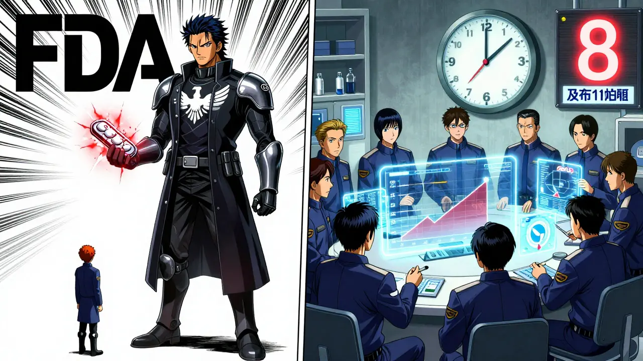 A small manufacturer faces a towering FDA inspector while a large team presents a holographic bioequivalence graph.