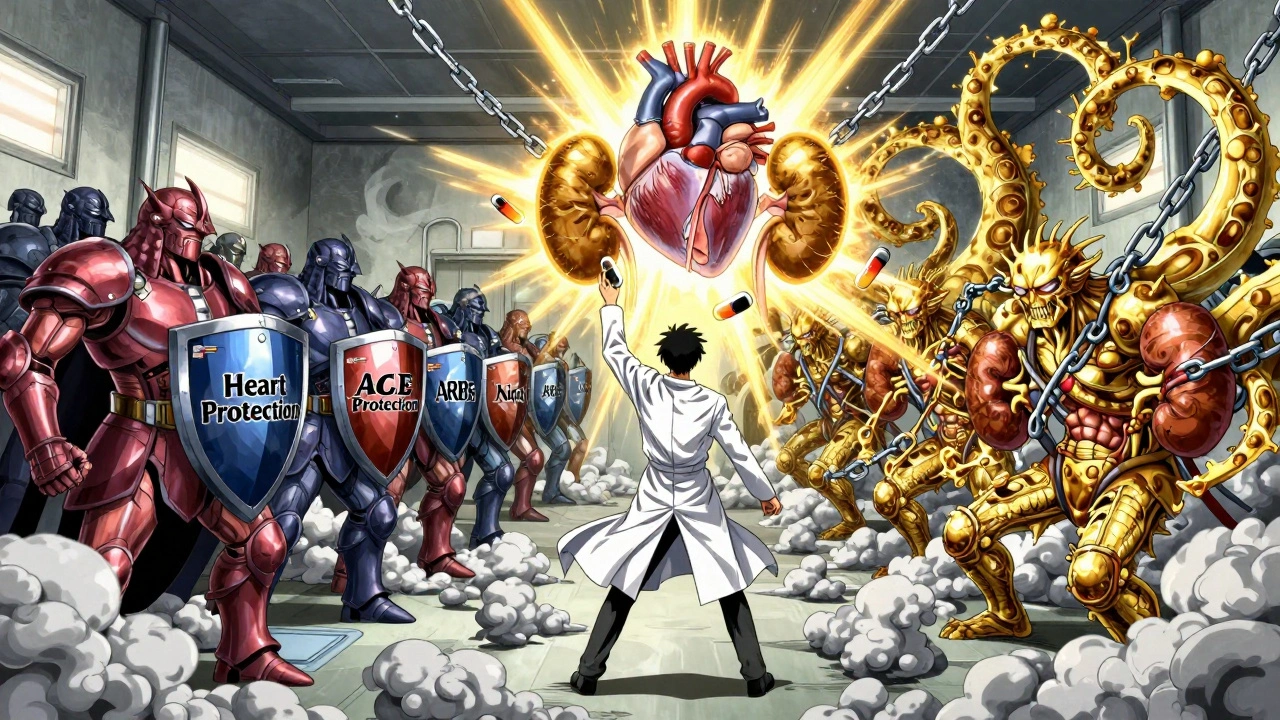 A symbolic battle inside the body: heart-protecting drugs face off against potassium monsters, stopped by binders.